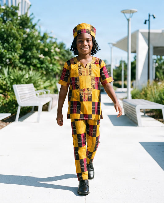 Boys’ Gold African Print 3-Piece Pants Set