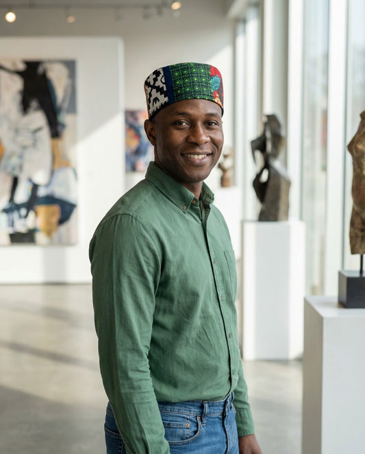 Man wearing a green shirt and colorful cap in an art gallery