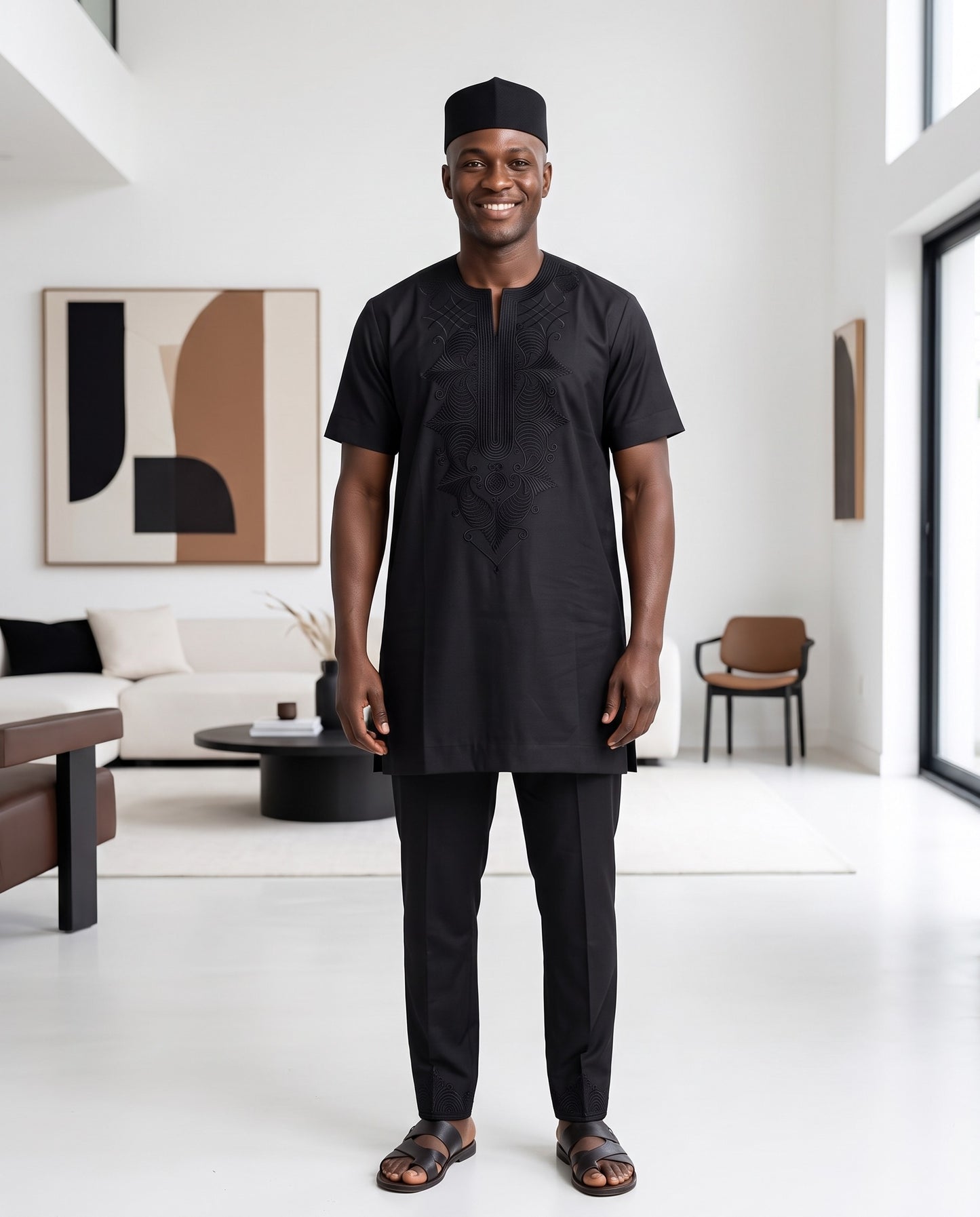 Men's Black Embroidered African Traditional 3-Piece Set