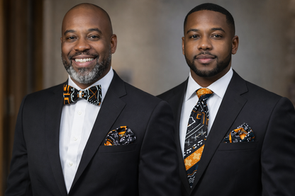 Royal Mudcloth Black & Orange Bow Tie & Necktie Set with Matching Pocket Squares
