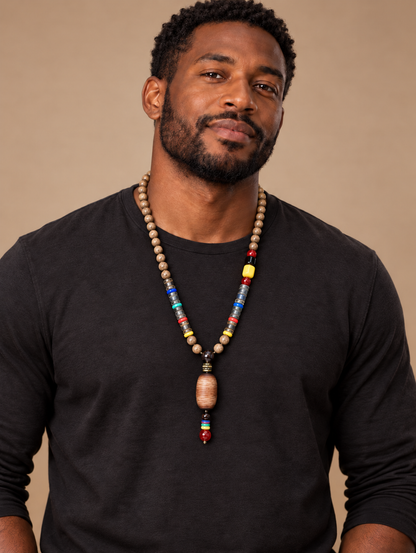 Men’s Vintage Tribal Wood Bead Pendant Necklace