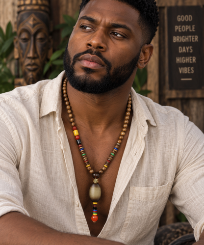 Men’s Vintage Tribal Wood Bead Pendant Necklace