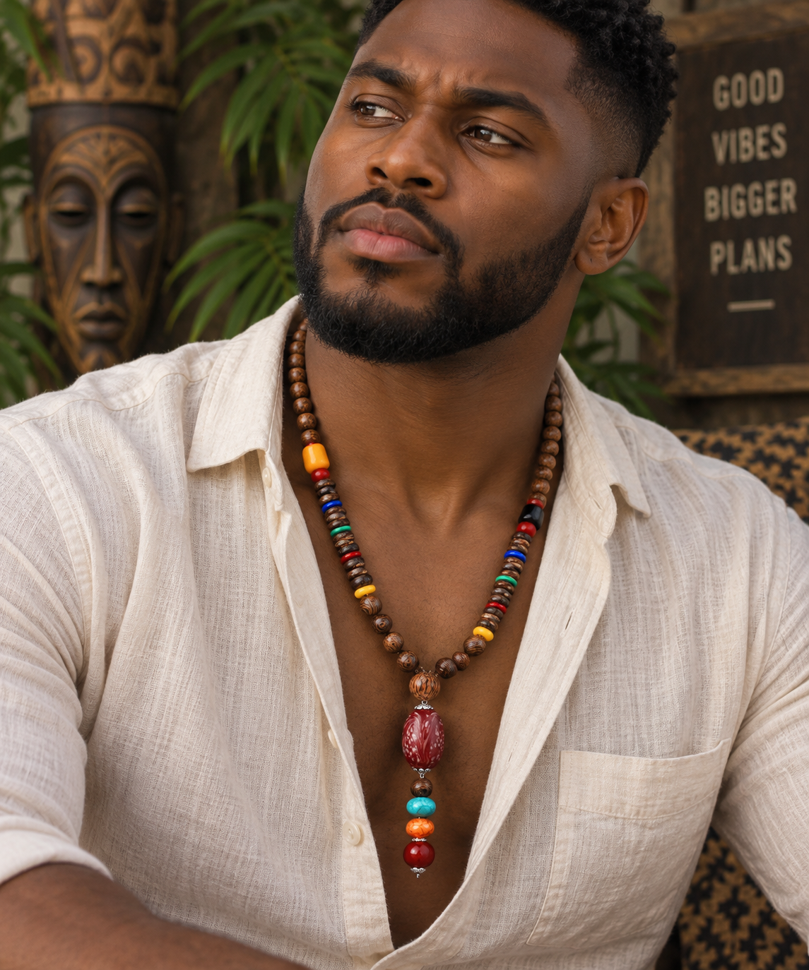 Men’s Vintage Tribal Wood Bead Pendant Necklace