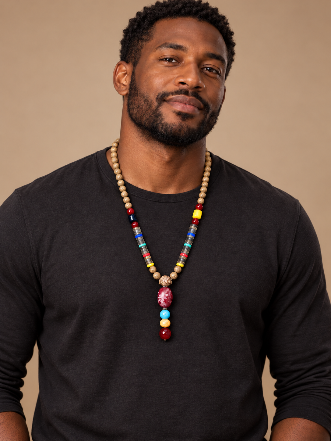 Men’s Vintage Tribal Wood Bead Pendant Necklace