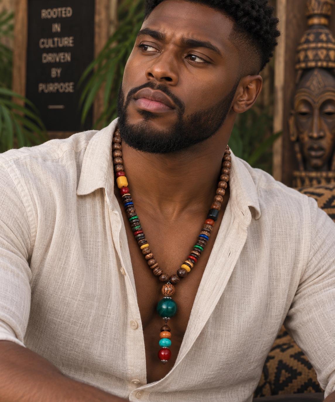 Men’s Vintage Tribal Wood Bead Pendant Necklace