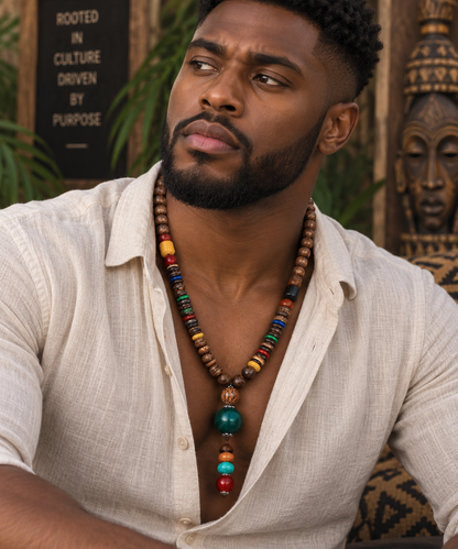 Men’s Vintage Tribal Wood Bead Pendant Necklace