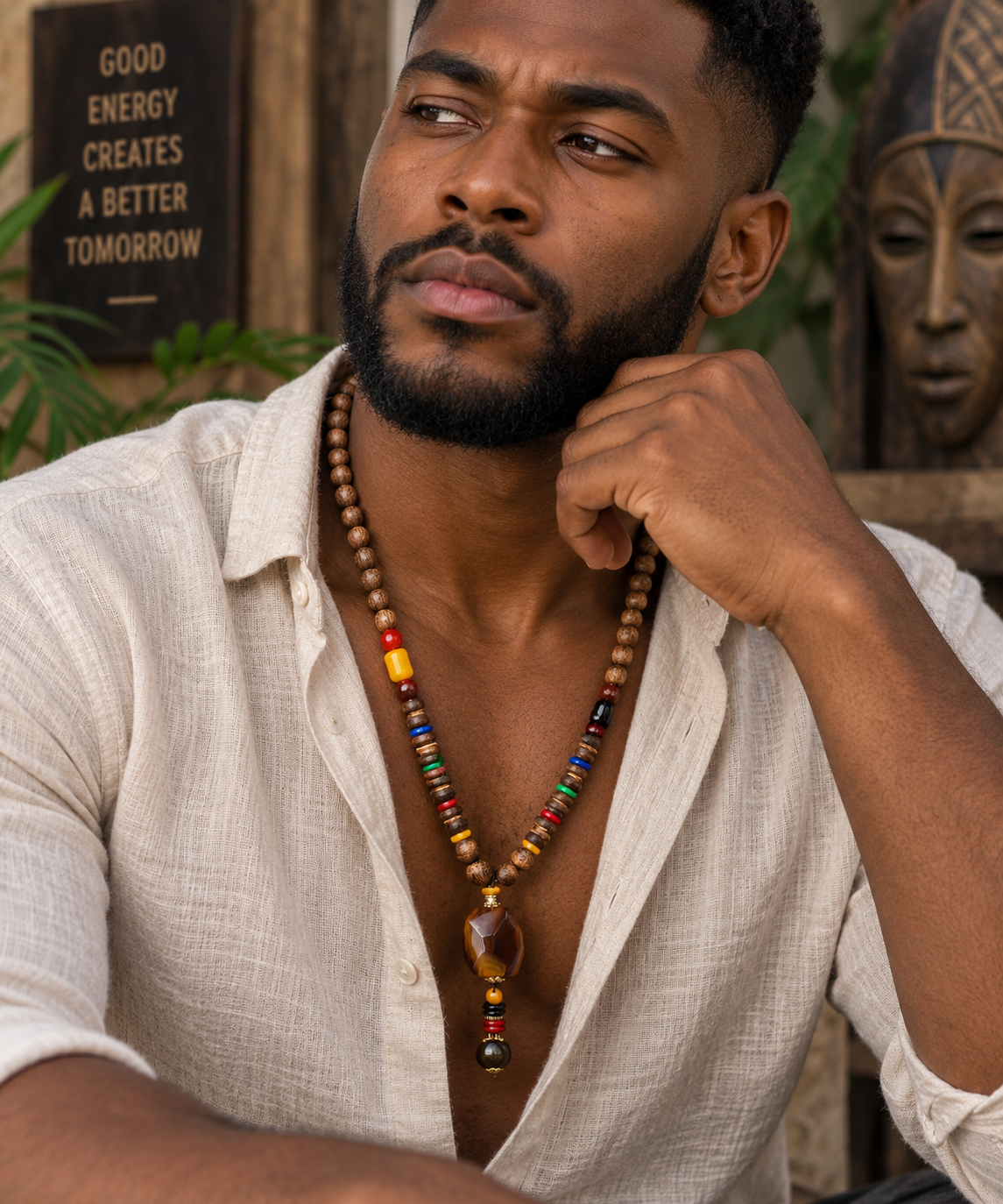 Men’s Vintage Tribal Wood Bead Pendant Necklace