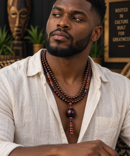 Men’s Vintage Tribal Wood Bead Pendant Necklace