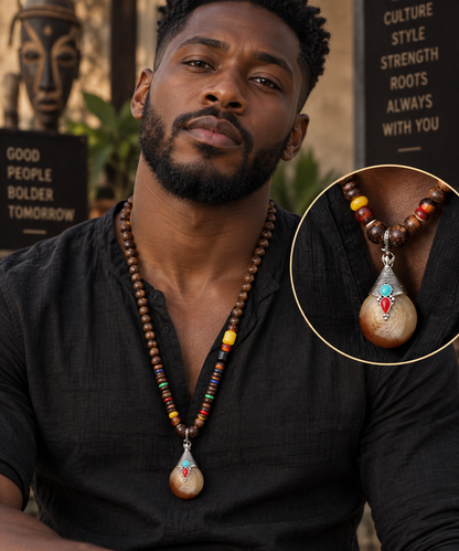Men’s Vintage Tribal Wood Bead Pendant Necklace