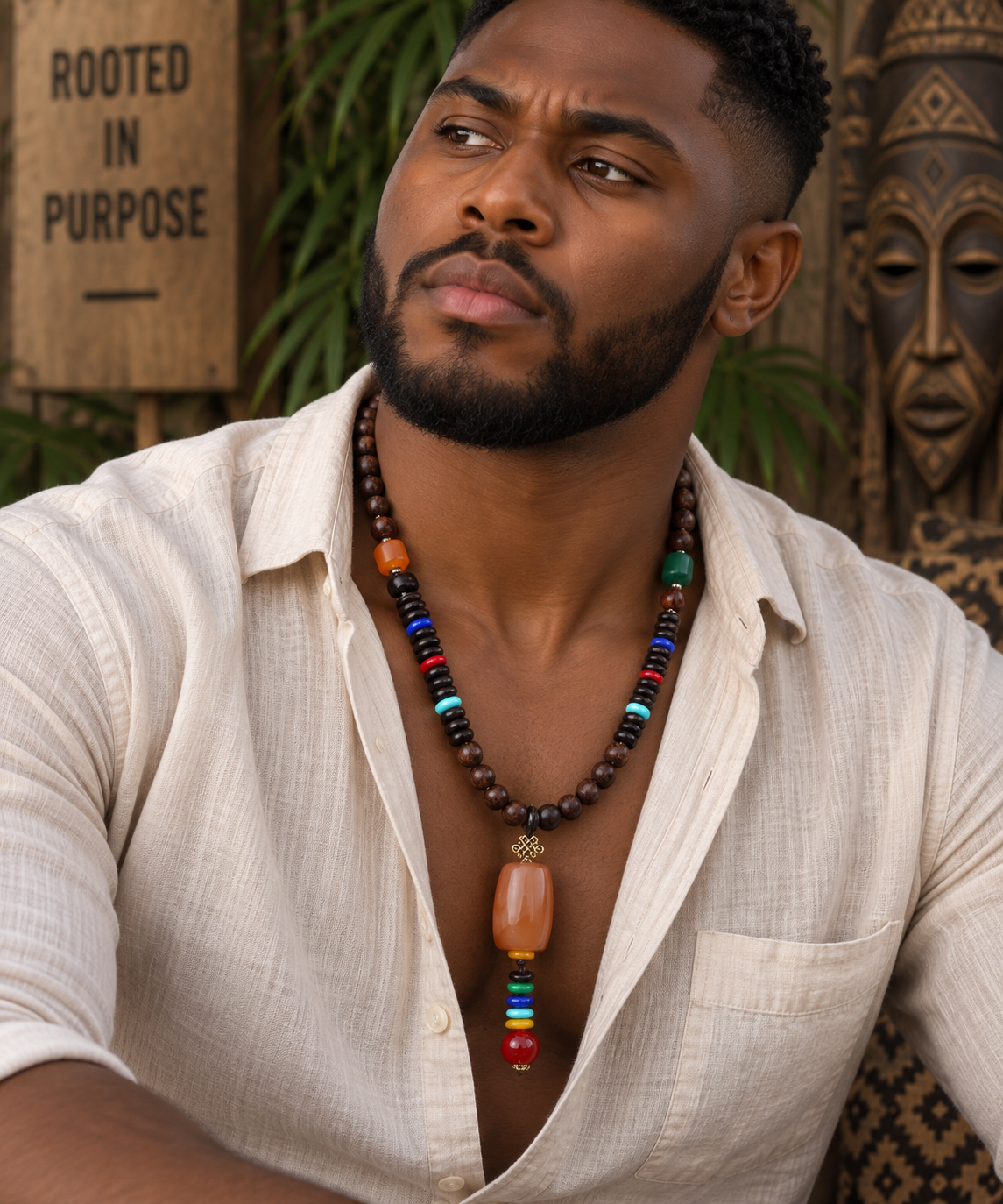 Men’s Vintage Tribal Wood Bead Pendant Necklace