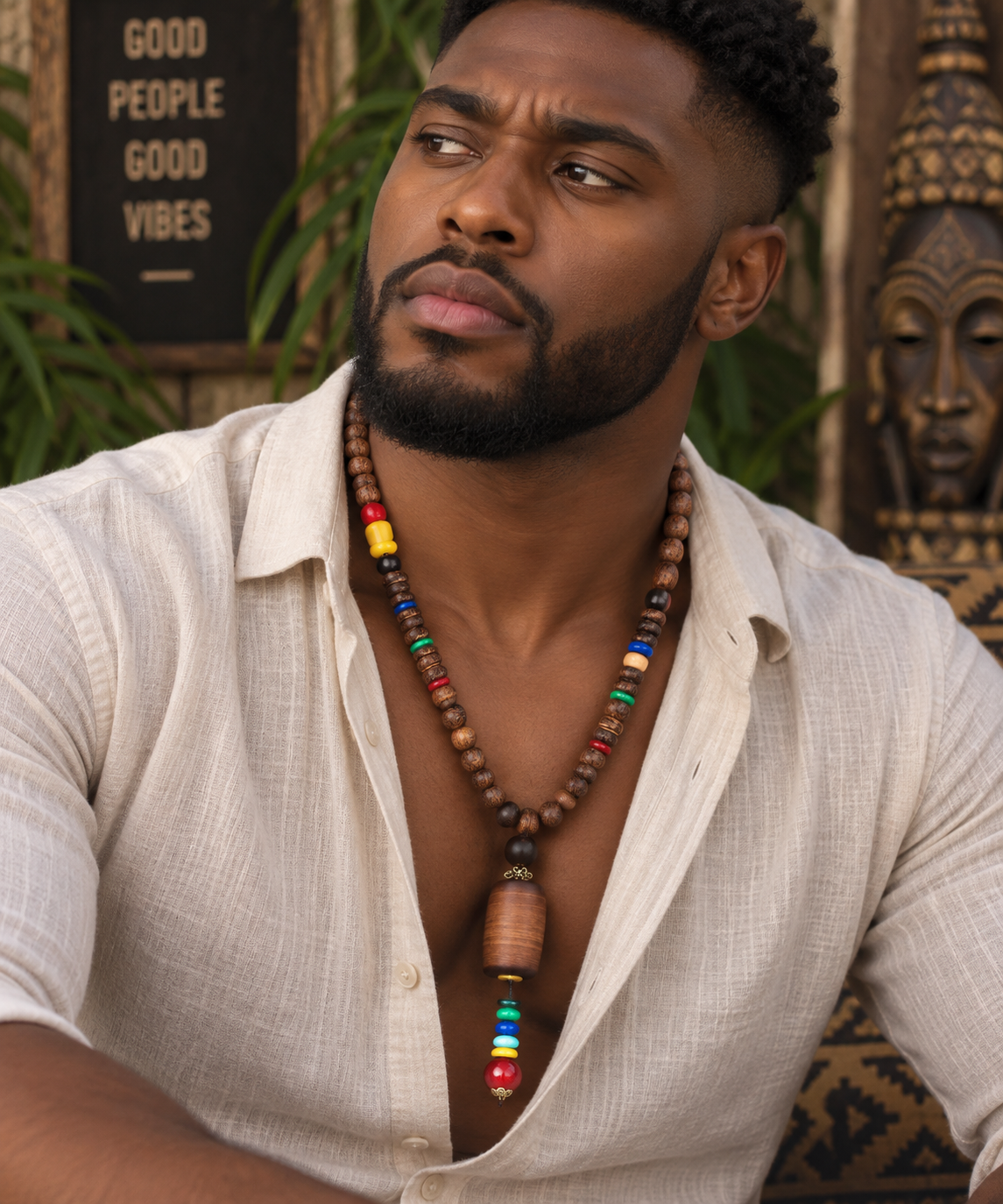 Men’s Vintage Tribal Wood Bead Pendant Necklace