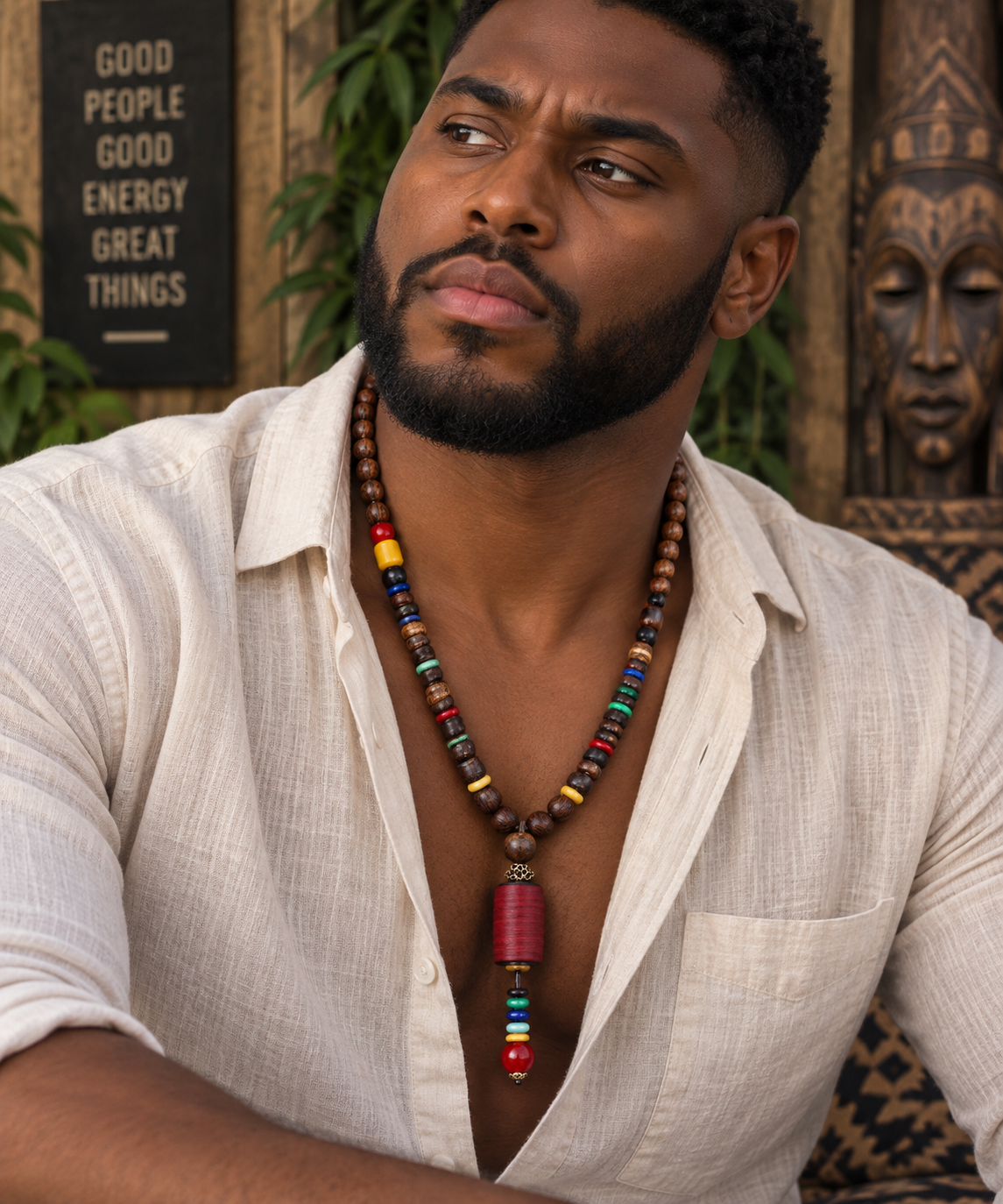 Men’s Vintage Tribal Wood Bead Pendant Necklace