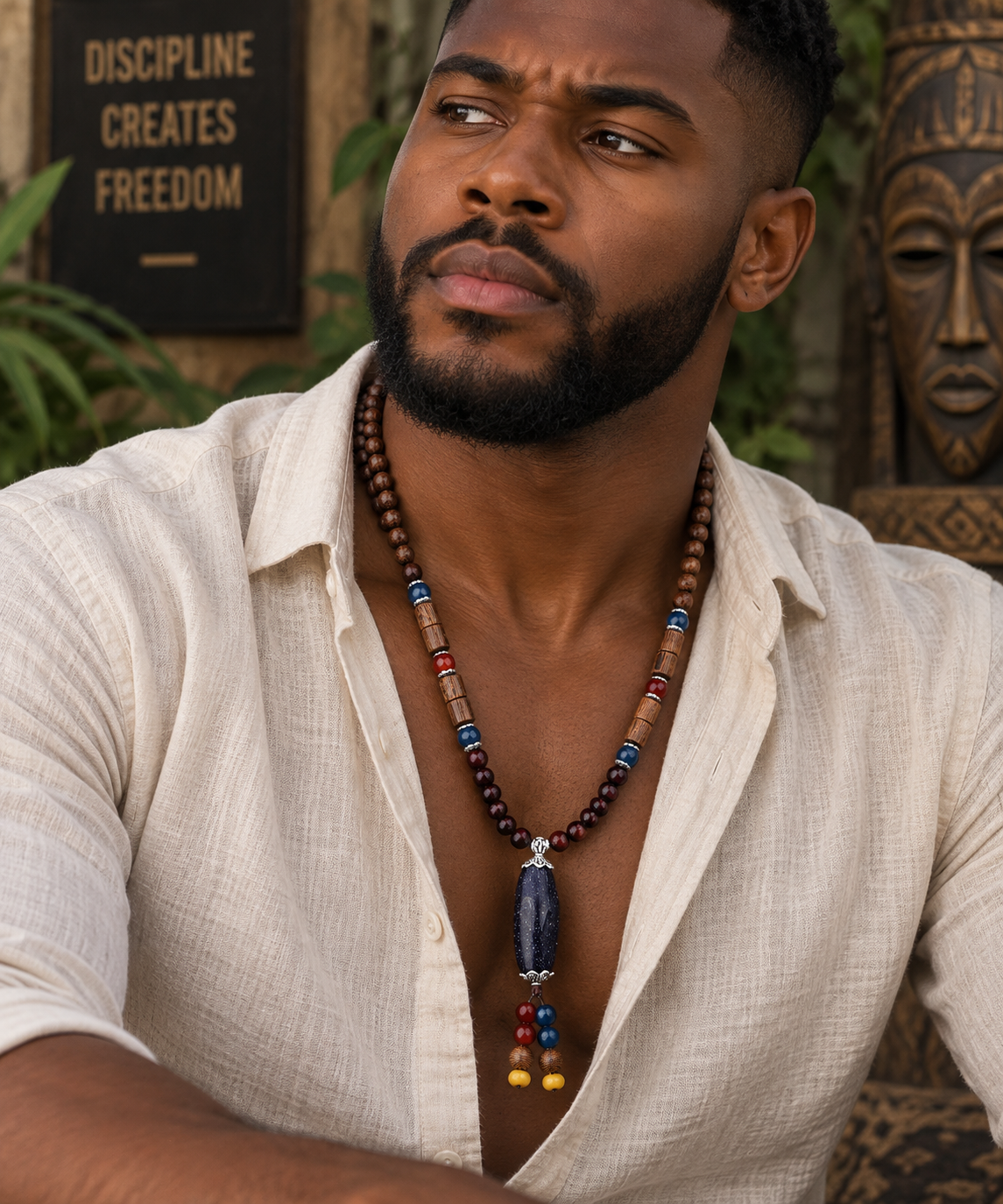 Men’s Vintage Tribal Wood Bead Pendant Necklace