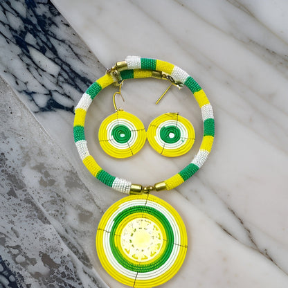 Maasai African Round Green/Yellow/White Beaded Choker Necklace & Earring Set - Premium Jewelry from MAGOS - Just $24.50! Shop this and more Jewelry now 