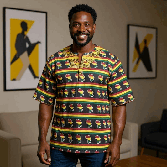 Men's Africa MAP Print Embroidered Dashiki Shirt