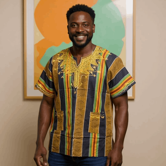 Men's Black Kente African Print Embroidered Dashiki Shirt