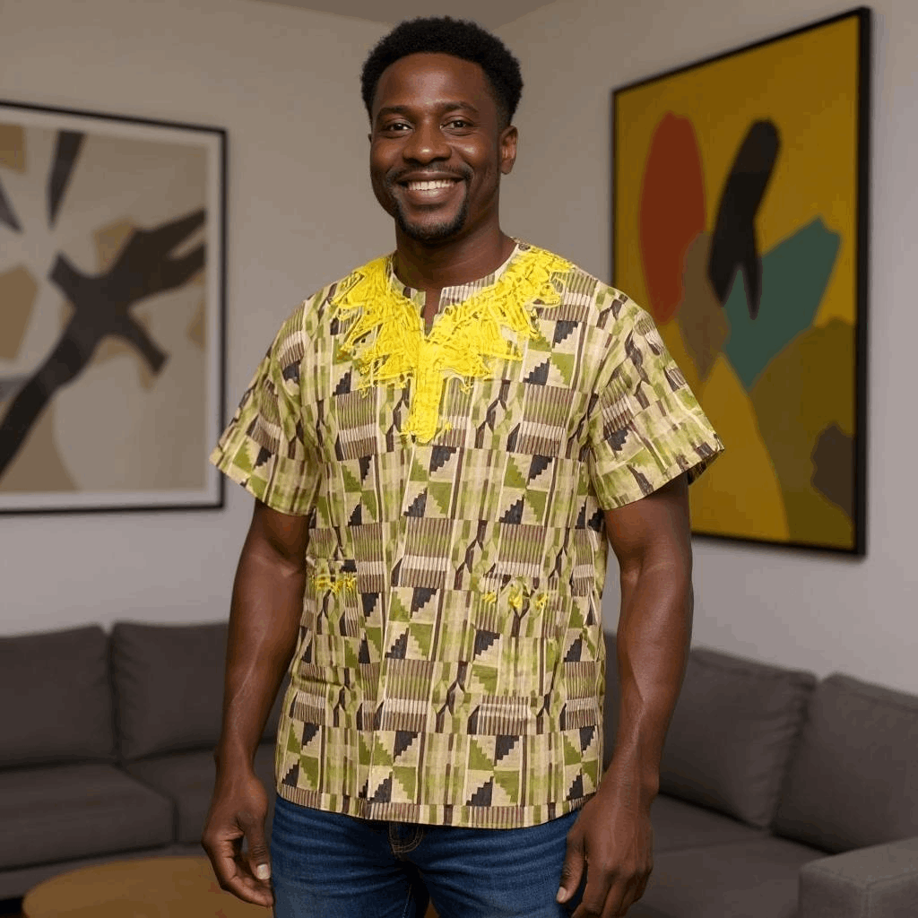 Men's Brown Kente African Print Embroidered Dashiki Shirt