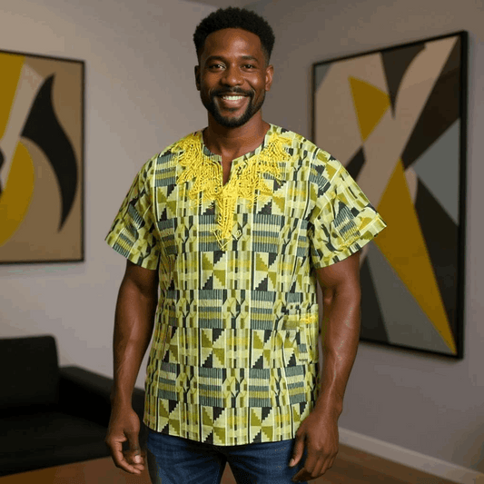 Men's Green Kente African Print Embroidered Dashiki Shirt