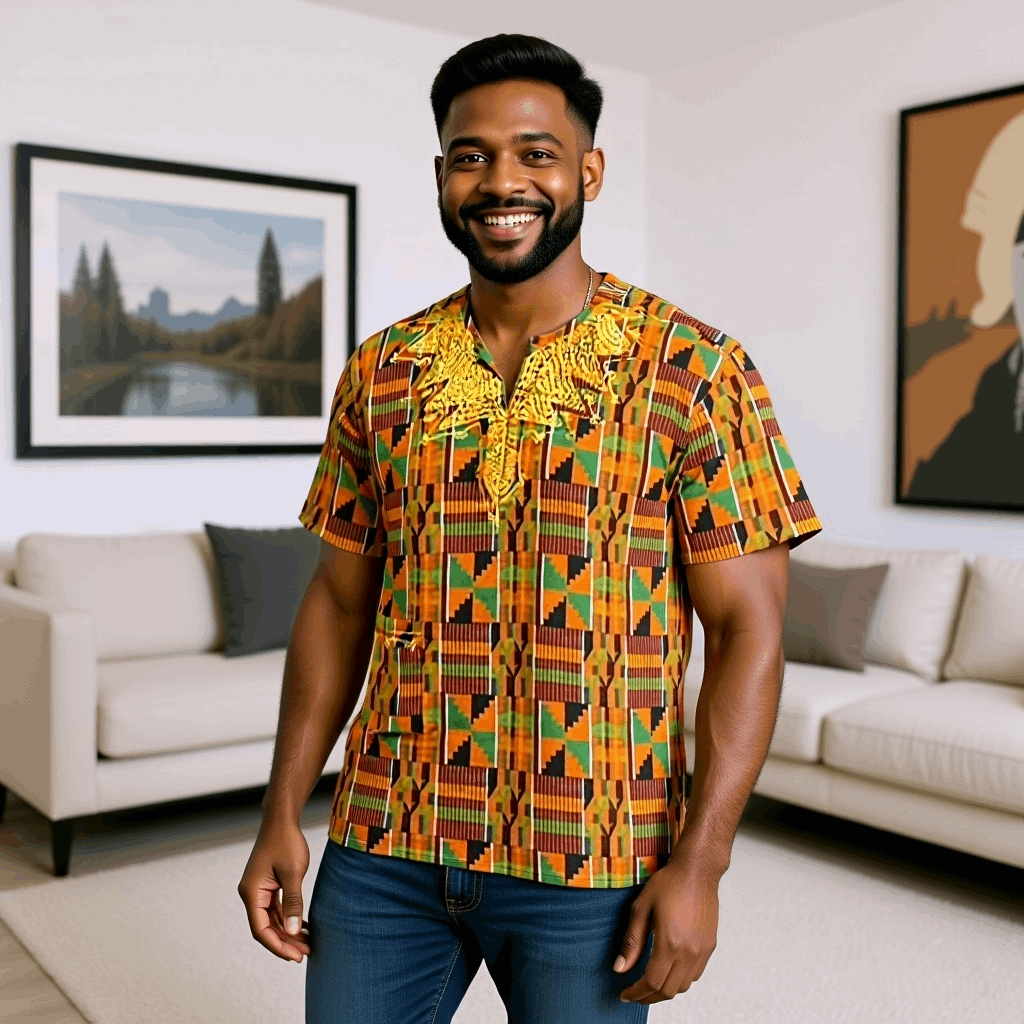 Men's Orange Kente African Print Embroidered Dashiki Shirt