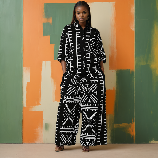 Authentic African Black/White Mud Print 2pc Pant Set