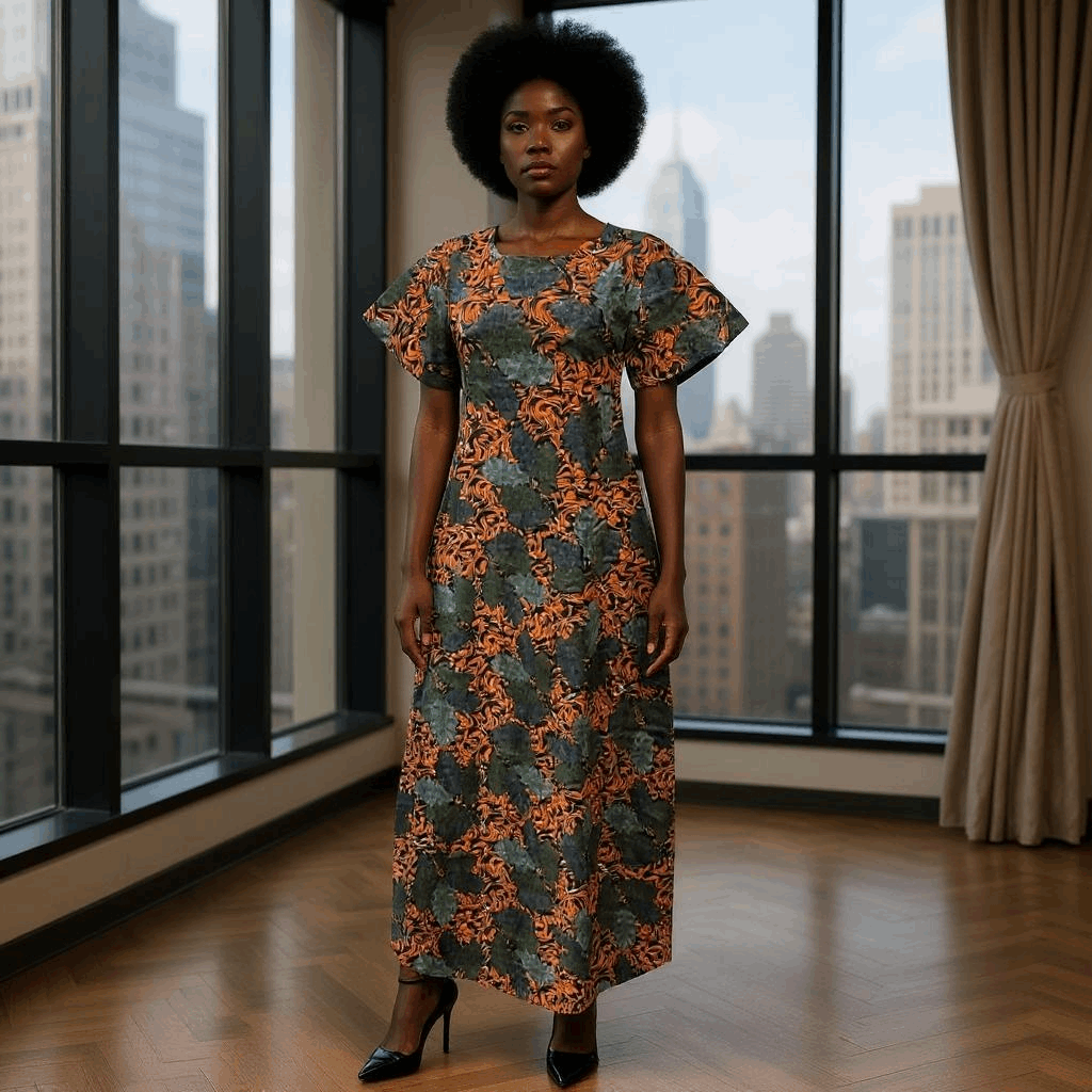 African Orange Multi-Color Print Maxi Dress (Size 14)