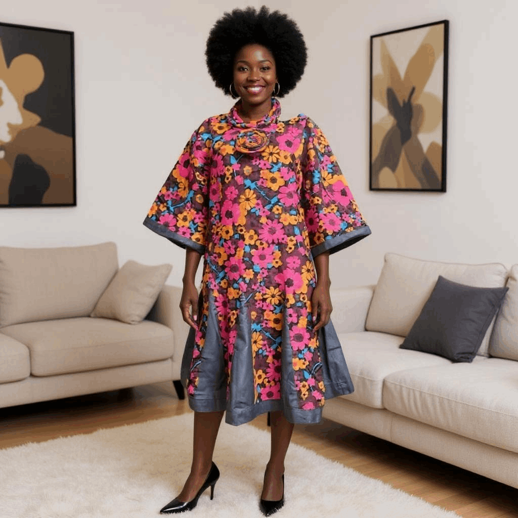 Denim Ankara Print Midi Dress w/Necklace & Earrings Set