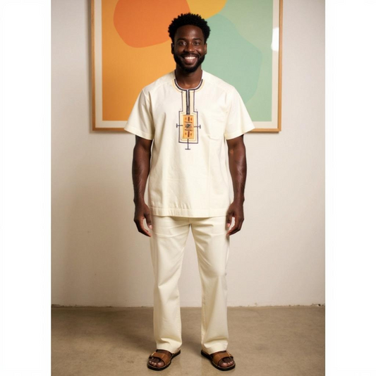 Men's High Quality African 2pc Dashiki Pants Set  (Off White Color)