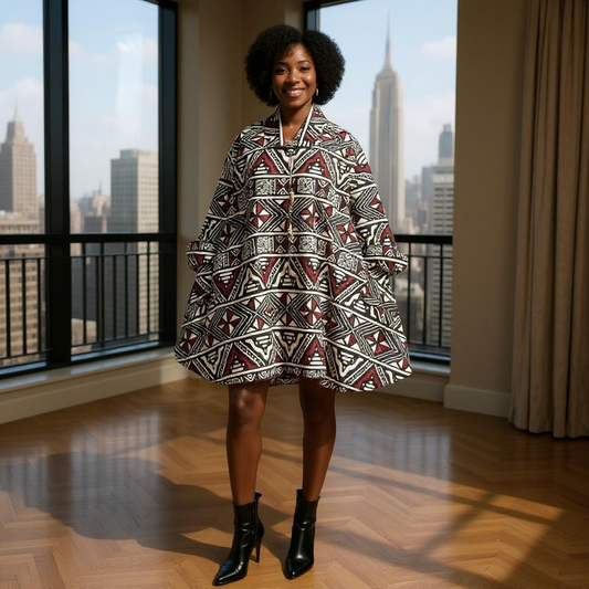 Authentic African Brown Cream Print Big Button Tunic Short Dress Blouse Top