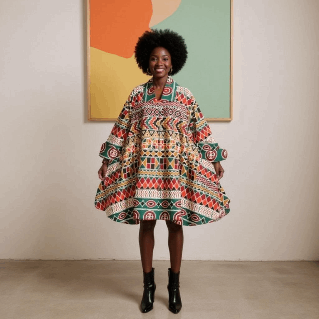 Authentic African Tribal Multi-Print Big Button Tunic Short Dress Blouse Top