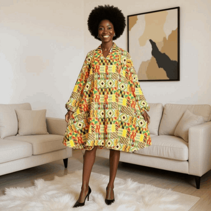 Authentic African Orange Kente Print Big Button Tunic Short Dress Blouse Top