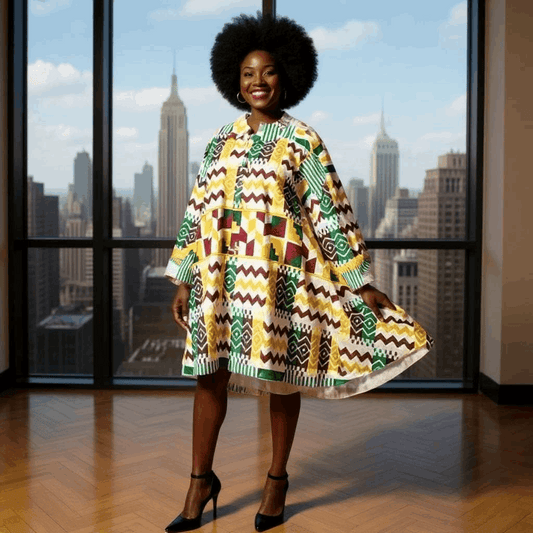 Authentic African Print Big Button Tunic Short Dress Blouse Top