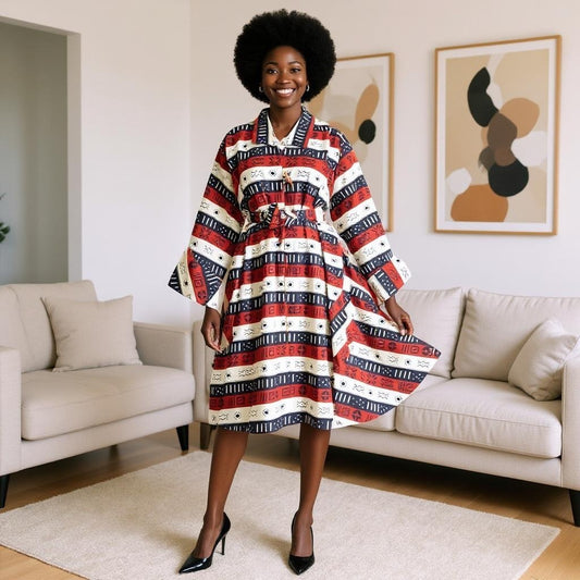 Authentic African Print Big Button Tribal/Cream Print Tunic Dress
