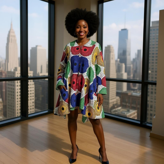 Authentic African Print Big Button Tunic Dress
