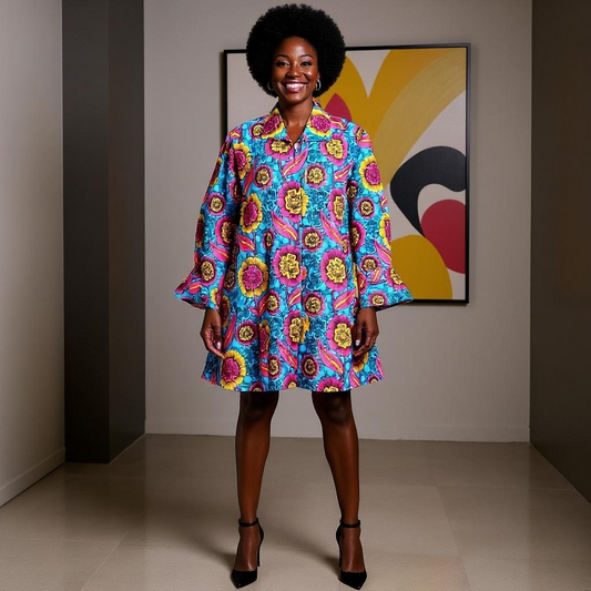 Authentic African Print Big Button Tunic Dress