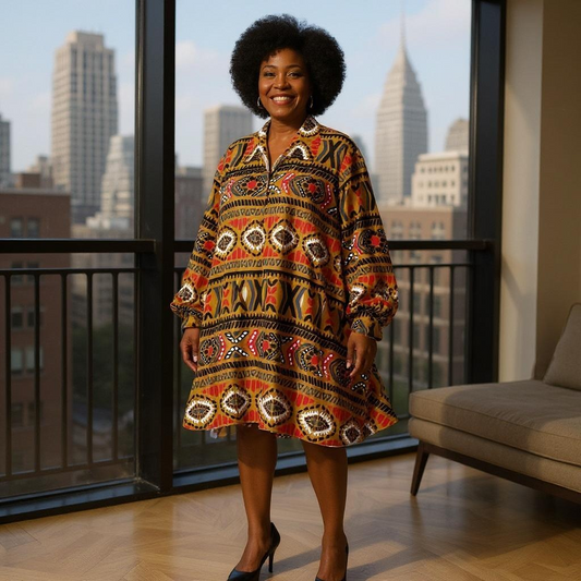 Authentic African Bronze Print Big Button Tunic Dress