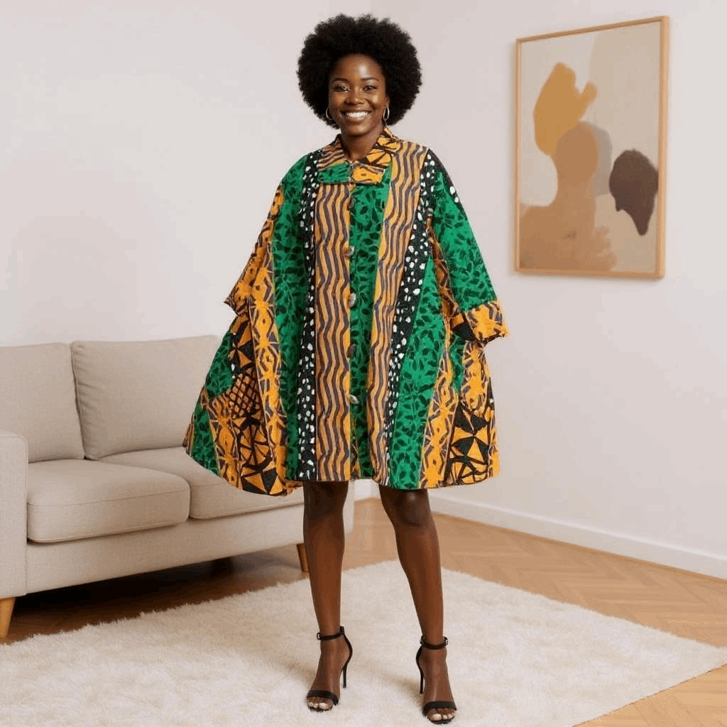Authentic African Tribal Green Mix-Print Big Button Tunic Short Dress Blouse Top