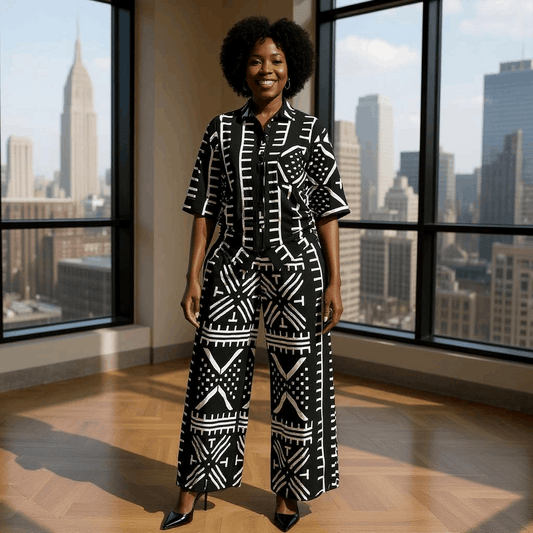 Authentic African Black/White Mud Print 2pc Palazzo Pant Set