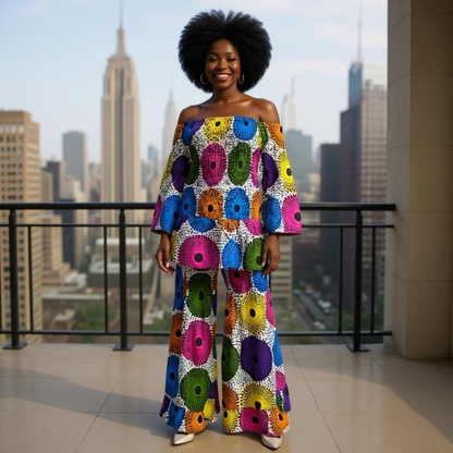 2 Piece Set with Off-Shoulder Smocking Top & Flared Palazzo Set