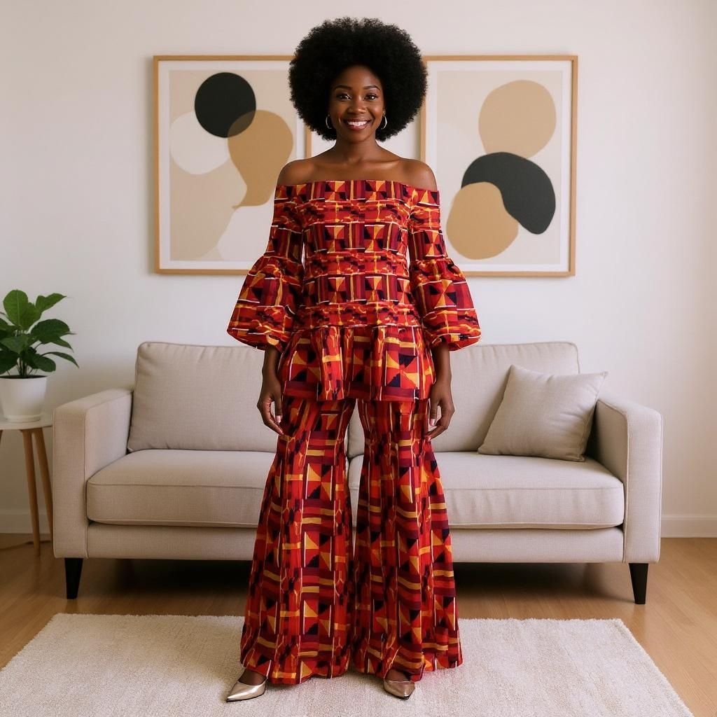 2 Piece Set with Off-Shoulder Smocking Top & Flared Palazzo Set