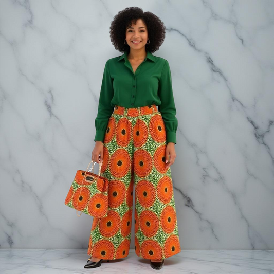 African Print Palazzo Pants & Bag Set (Orange Disc Print)