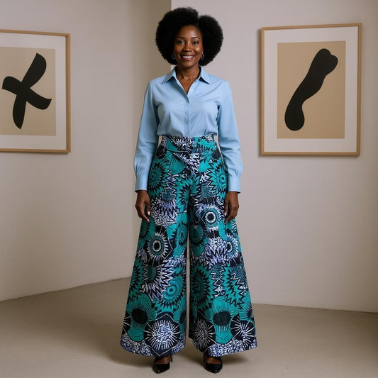 African Blue Floral Print Palazzo Pants
