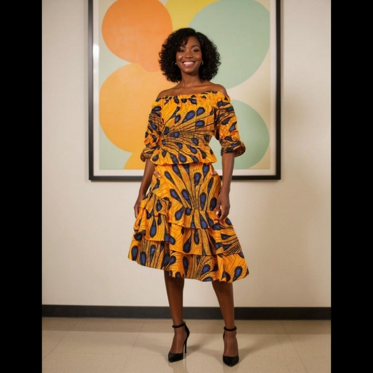 African Peacock Print Tiered Skirt & Ruffle Top Set