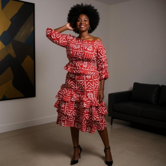 African Red/White Mud Print Tiered Skirt & Ruffle Top Set