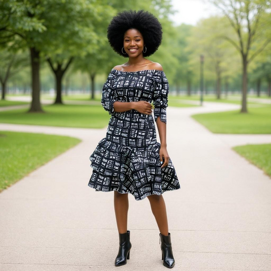 African Black/White Print Tiered Skirt & Ruffle Top Set
