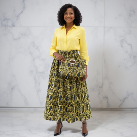 African Yellow Ankara Print Long 8 Panel Skirt & Handbag Set