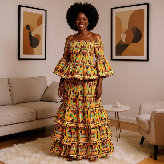 African Kente Style2 Print Top and Skirt Set
