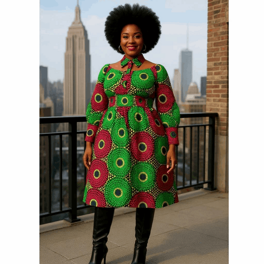 Women's African Print Long Sleeve Midi Dress with Choker Tie