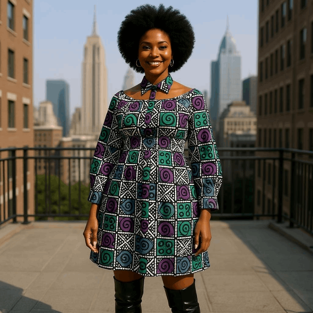Women's African Print Long Sleeve Midi Dress with Choker Tie