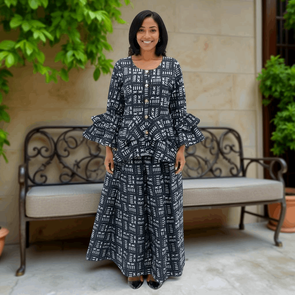 African Style Ankara Black/White Mud Print Top & Skirt Set