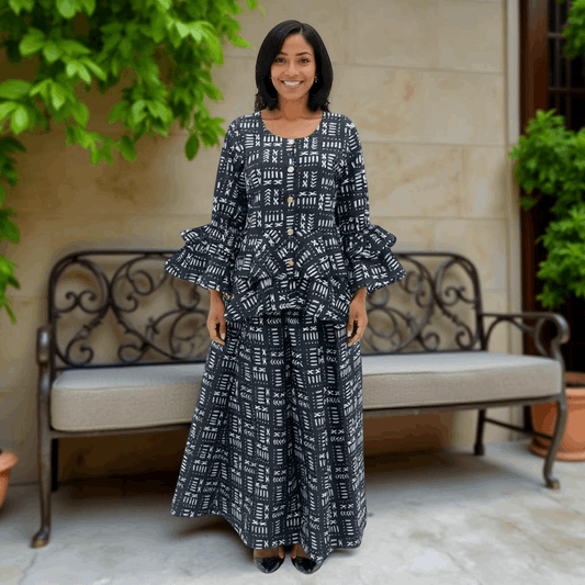 African Style Ankara Black/White Mud Print Top & Skirt Set
